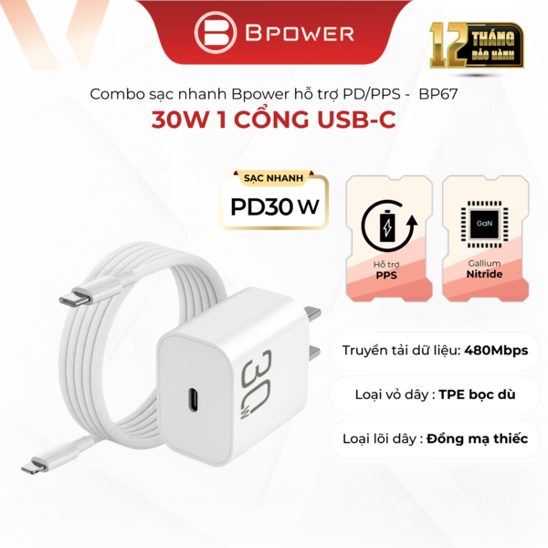 Combo củ+cáp sạc 30W Lightning