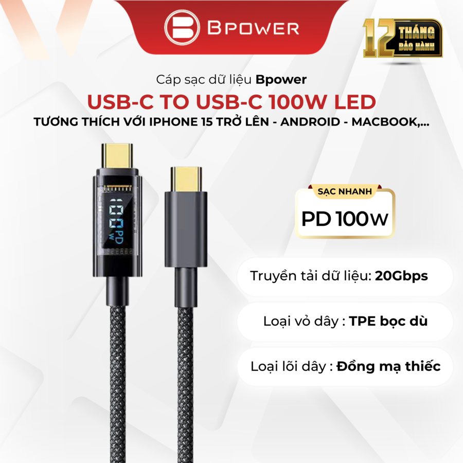 Cáp sạc USB-C to USB-C 100W (LED)